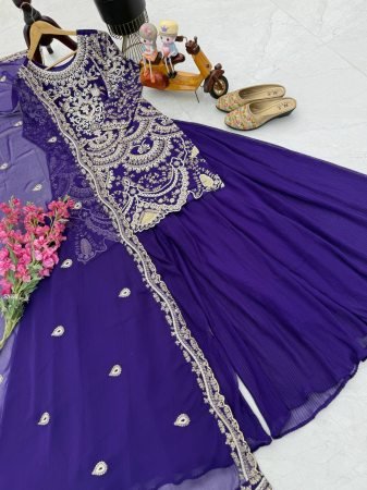 Purple Fox Georgette Embroidered Kurti Palazzo Set with Dupatta for Women