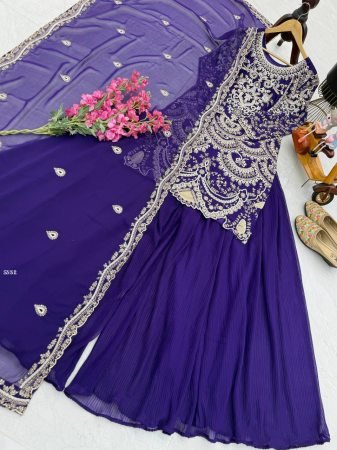 Purple Fox Georgette Embroidered Kurti Palazzo Set with Dupatta for Women