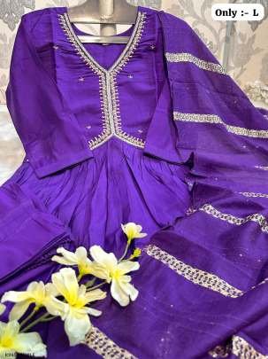 Purple Hand Work Pure Muslin And Silk Alia Cut Kurtis
