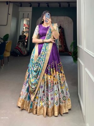 Purple Kalamkari Print Dola Silk Lehenga Choli