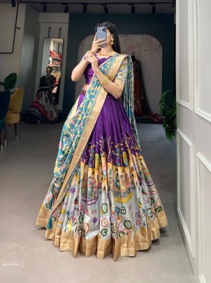 Purple Kalamkari Print Dola Silk Lehenga Choli