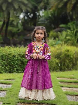 Purple Kids Girls Navratri Collection Kora Cotton Lehenga Choli