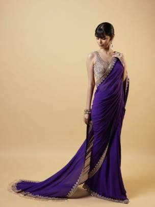 Purple Luxury Look Party Wear Full Body Gold Thread Work Georgette Saree