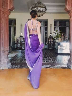 Purple Luxury Look Party Wear Full Body Gold Thread Work Georgette Saree
