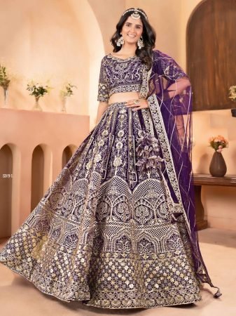 Purple Net Lehenga Choli with Zari And Sequins Embroidery