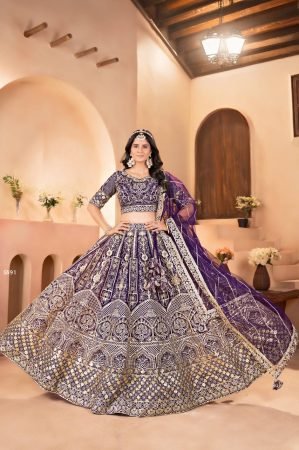 Purple Net Lehenga Choli with Zari And Sequins Embroidery
