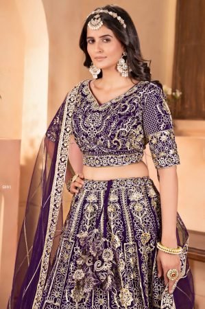 Purple Net Lehenga Choli with Zari And Sequins Embroidery