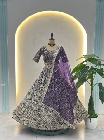 Purple Net Lehenga Choli with Zari And Sequins Embroidery