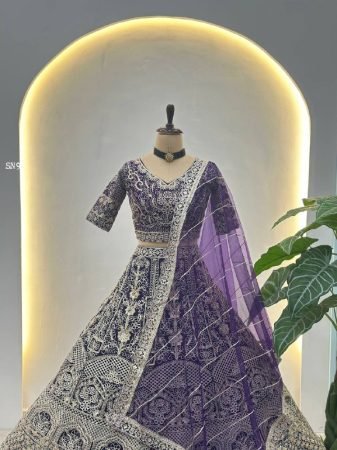 Purple Net Lehenga Choli with Zari And Sequins Embroidery