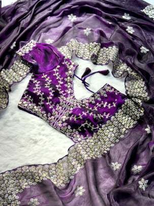 Purple Party Wear Embroidered Soft Zimmy Choo Silk Saree