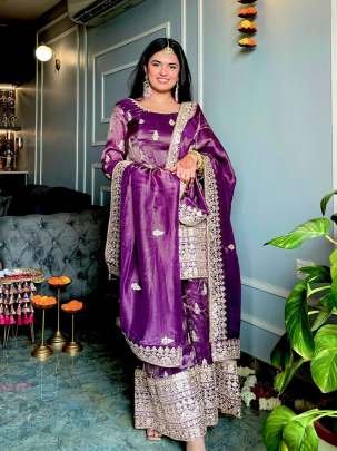 Purple Party Wear Pure Embroidery Chinon Silk Sharara Suits