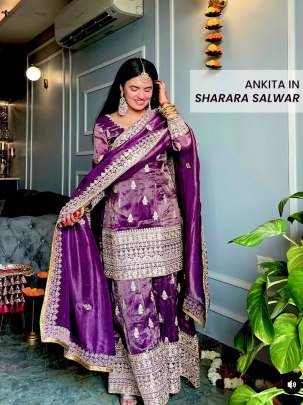 Purple Party Wear Pure Embroidery Chinon Silk Sharara Suits