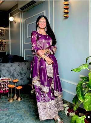 Purple Party Wear Pure Embroidery Chinon Silk Sharara Suits
