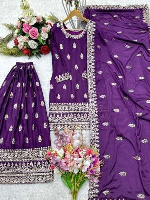 Purple Party Wear Pure Embroidery Chinon Silk Sharara Suits
