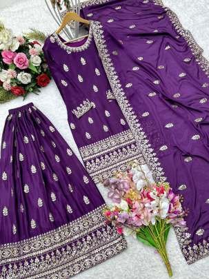 Purple Party Wear Pure Embroidery Chinon Silk Sharara Suits