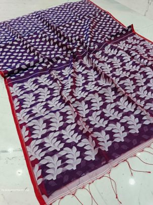 Purple Pearl Print Jharapata Muslin Cotton Soft Jamdani Saree