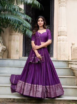 Purple Pure Chanderi With Zari Weaving Work Border Lehenga Choli