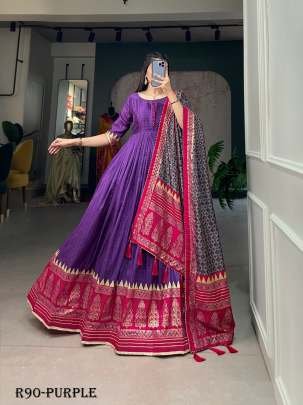 Purple Readymade Foil Printed Tussar Silk Gown With Dupatta