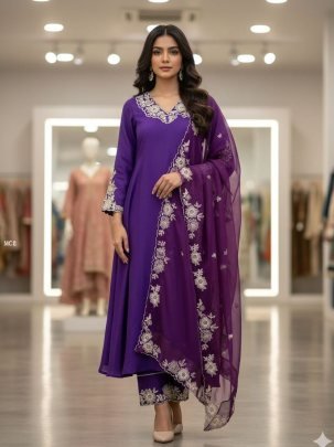 Purple Roman Silk Kurti Pant Set With Dupatta Set