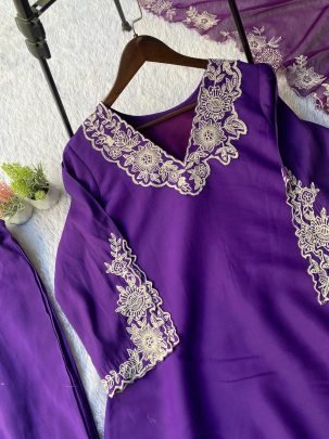 Purple Roman Silk Kurti Pant Set With Dupatta Set