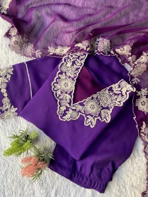 Purple Roman Silk Kurti Pant Set With Dupatta Set