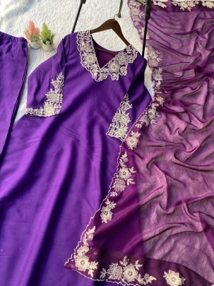 Purple Roman Silk Kurti Pant Set With Dupatta Set