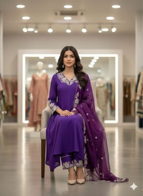 Purple Roman Silk Kurti Pant Set With Dupatta Set