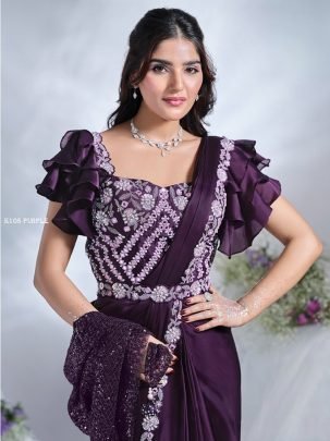 Purple Satin Silk Sequin Mirror Worked Saree By Mahotsav