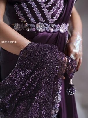 Purple Satin Silk Sequin Mirror Worked Saree By Mahotsav