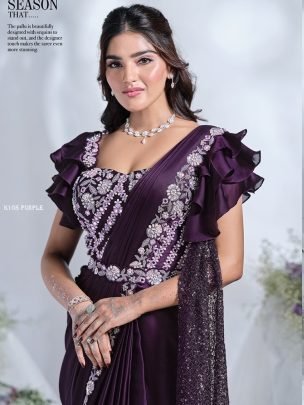 Purple Satin Silk Sequin Mirror Worked Saree By Mahotsav