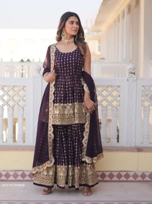 Purple Sequins Work Faux Georgette Readymade Kurtis Gharara