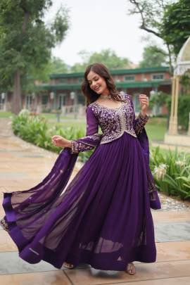Purple Sequins Zari Embroidered Work Gown Dupatta Set