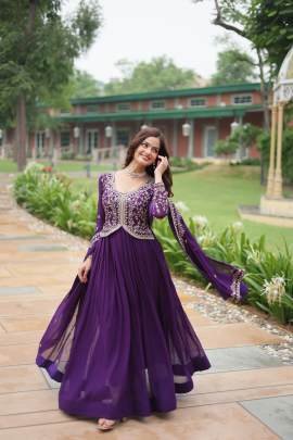 Purple Sequins Zari Embroidered Work Gown Dupatta Set