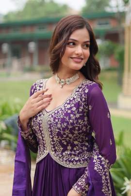 Purple Sequins Zari Embroidered Work Gown Dupatta Set