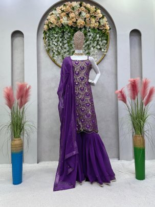 Purple Thread And Sequence work Striped Top Sharara Suit