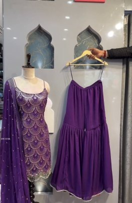 Purple Thread And Sequence work Striped Top Sharara Suit