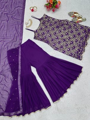Purple Thread And Sequence work Striped Top Sharara Suit