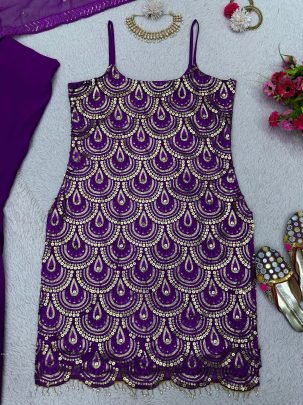 Purple Thread And Sequence work Striped Top Sharara Suit