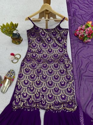 Purple Thread And Sequence work Striped Top Sharara Suit