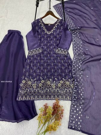 Purple Trendy Beads Work Palazzo Suit Set