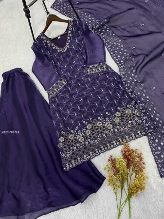Purple Trendy Beads Work Palazzo Suit Set
