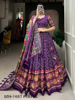 Purple Tussar Silk Lehenga Choli with Bandhej and Patola Print