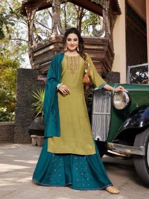 Rahi Vol 3 Uniq Neck Work Pure Viscose Kurtis With Dupatta And Bottam