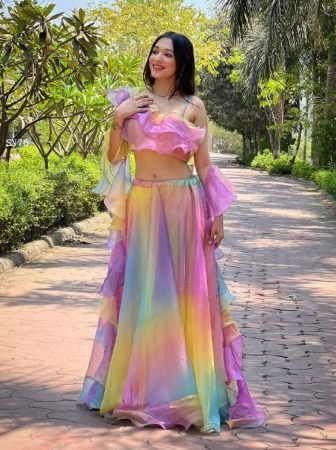 Rainbow Organza Lehenga Set with Ruffle Blouse And Dupatta