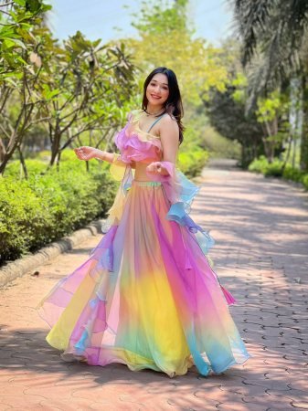 Rainbow Organza Lehenga Set with Ruffle Blouse And Dupatta