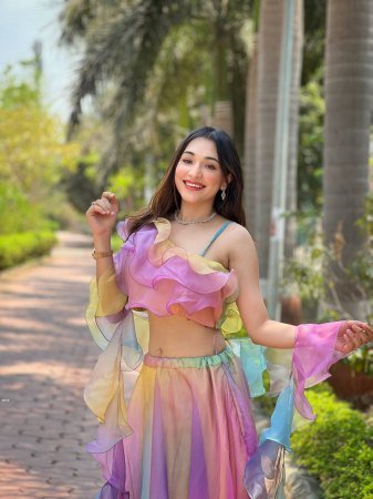 Rainbow Organza Lehenga Set with Ruffle Blouse And Dupatta