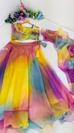 Rainbow Organza Lehenga Set with Ruffle Blouse And Dupatta