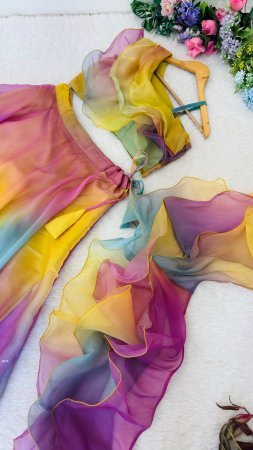 Rainbow Organza Lehenga Set with Ruffle Blouse And Dupatta