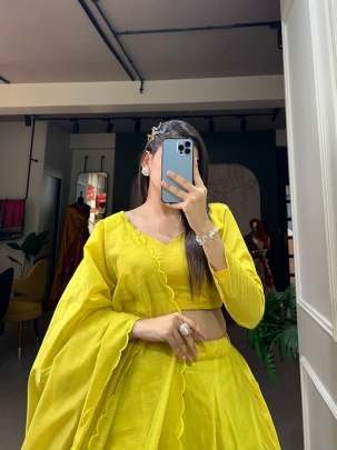 Rajwadi Chanderi Silk Lime Green Hand Made Flower Lehenga Choli Dupatta Set