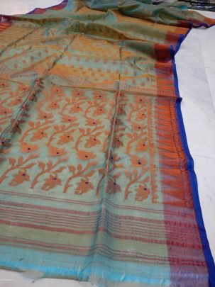 Rama And Blue Flower Soft Pure Maslin Dhakai Jamdani Saree